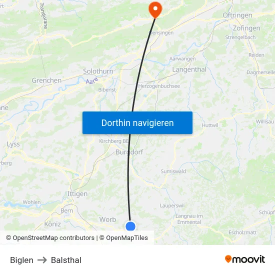 Biglen to Balsthal map