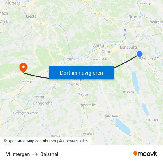 Villmergen to Balsthal map