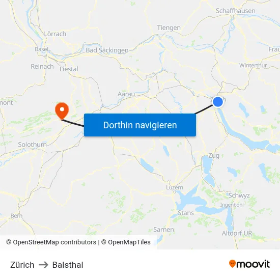 Zürich to Balsthal map