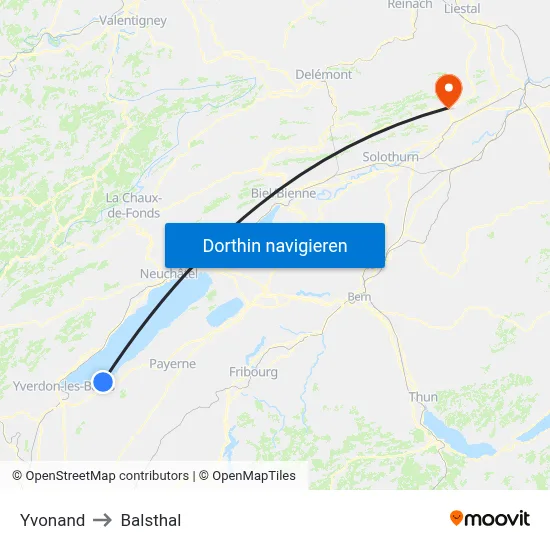 Yvonand to Balsthal map