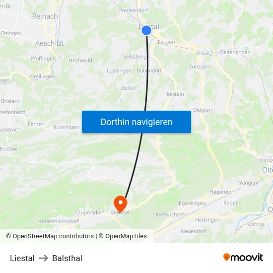 Liestal to Balsthal map