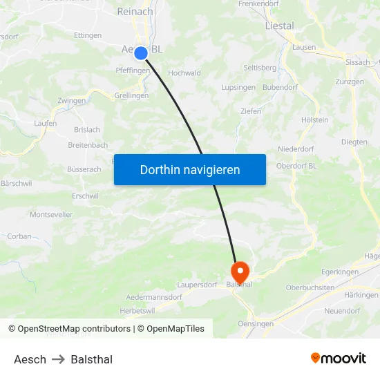 Aesch to Balsthal map