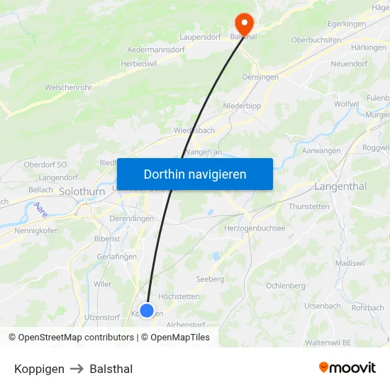 Koppigen to Balsthal map