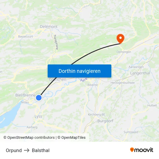 Orpund to Balsthal map
