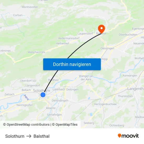 Solothurn to Balsthal map