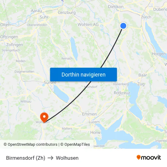 Birmensdorf (Zh) to Wolhusen map