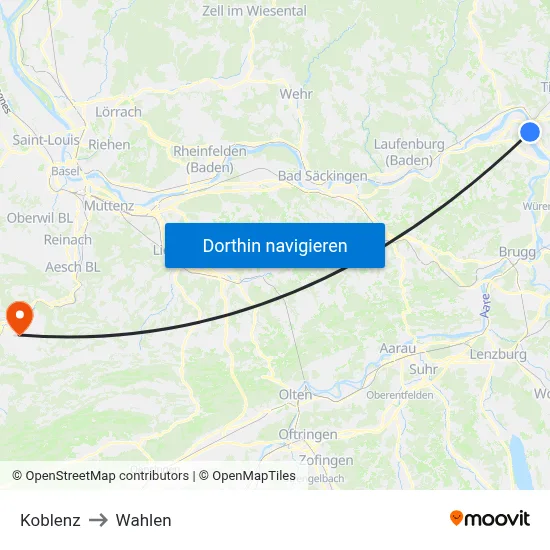 Koblenz to Wahlen map