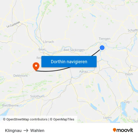Klingnau to Wahlen map