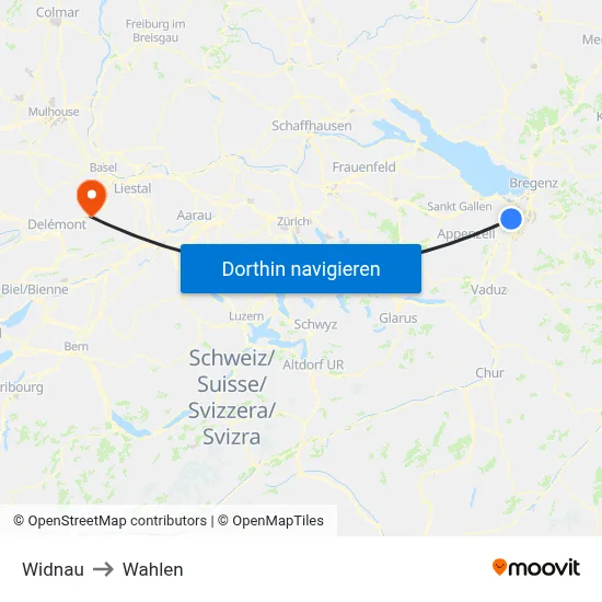 Widnau to Wahlen map