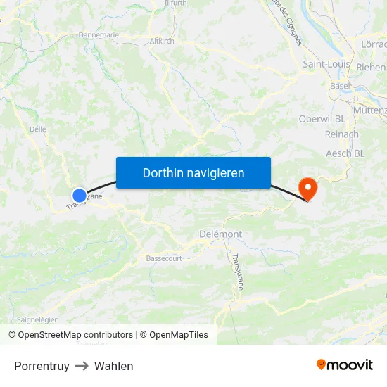 Porrentruy to Wahlen map
