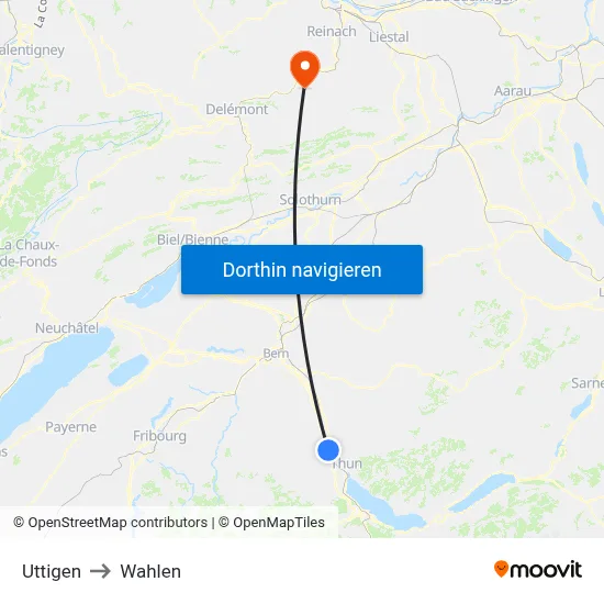 Uttigen to Wahlen map