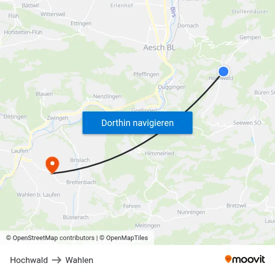 Hochwald to Wahlen map