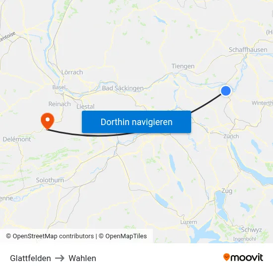 Glattfelden to Wahlen map