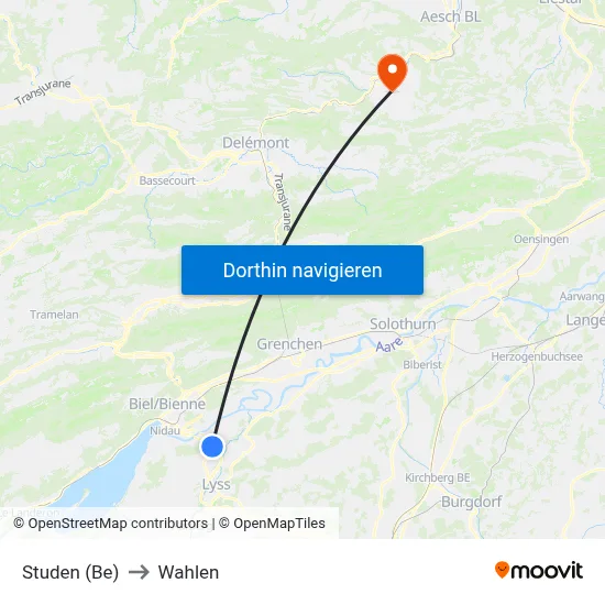 Studen (Be) to Wahlen map