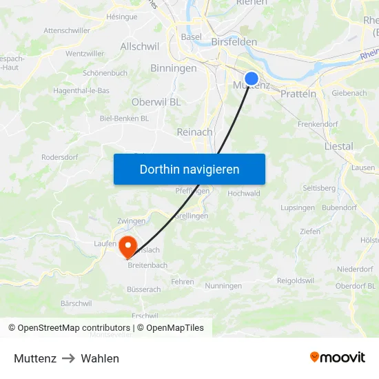 Muttenz to Wahlen map