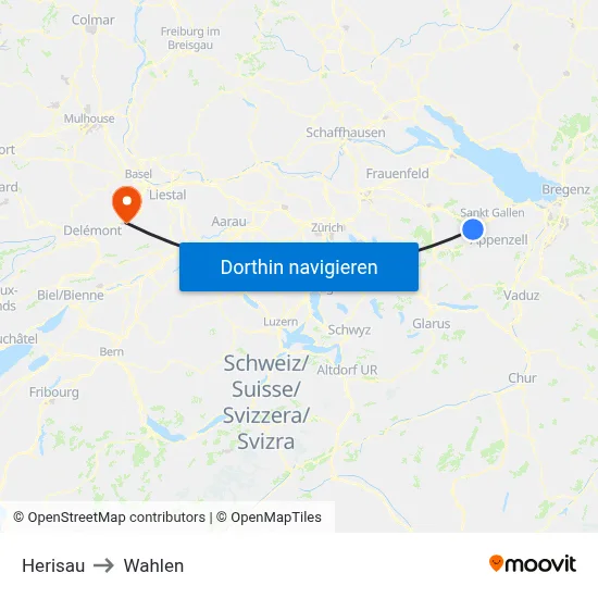 Herisau to Wahlen map