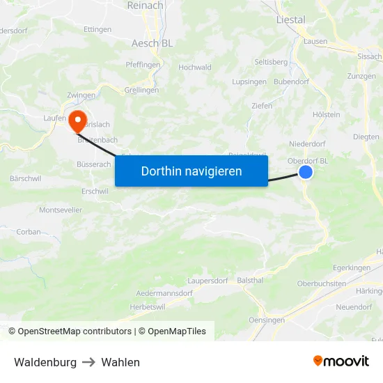 Waldenburg to Wahlen map