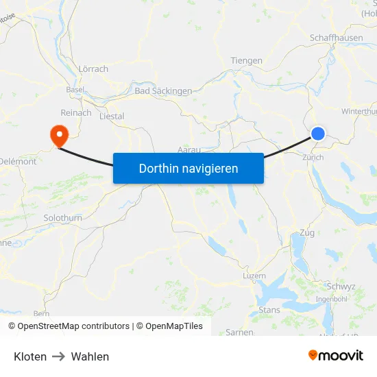 Kloten to Wahlen map