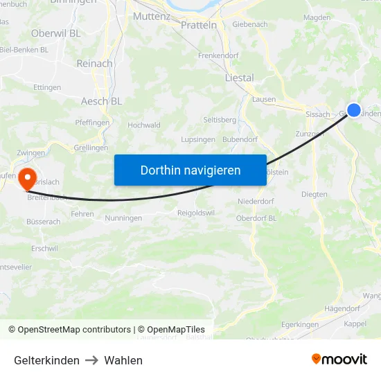 Gelterkinden to Wahlen map