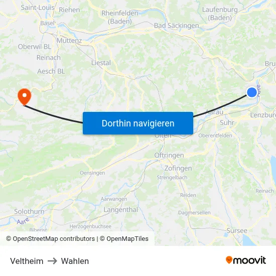 Veltheim to Wahlen map