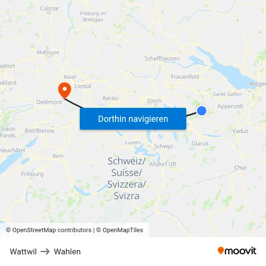 Wattwil to Wahlen map