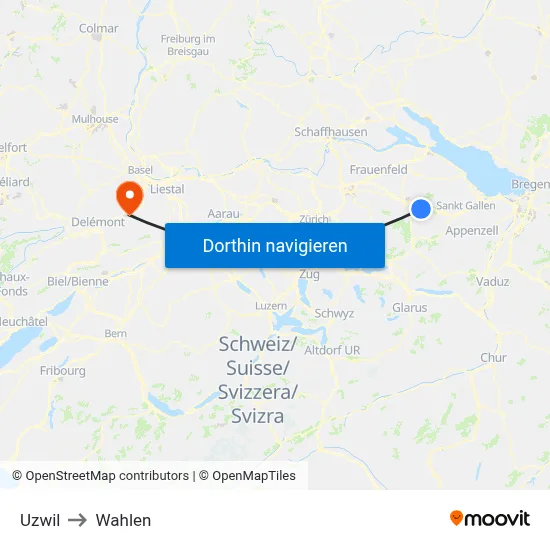 Uzwil to Wahlen map