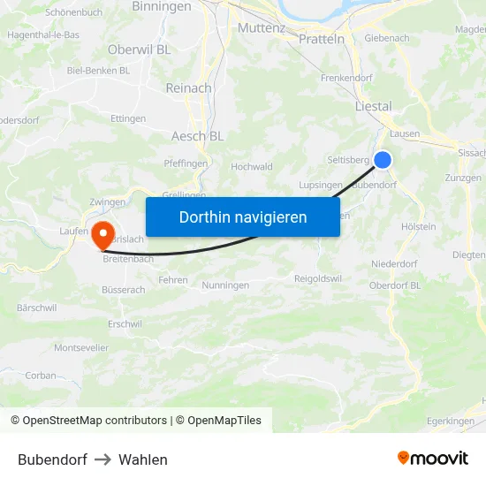 Bubendorf to Wahlen map