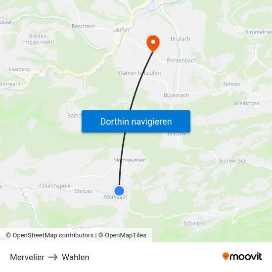 Mervelier to Wahlen map
