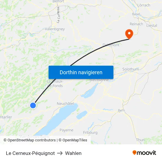 Le Cerneux-Péquignot to Wahlen map