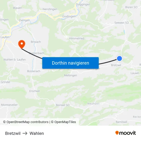 Bretzwil to Wahlen map