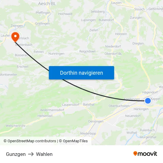 Gunzgen to Wahlen map