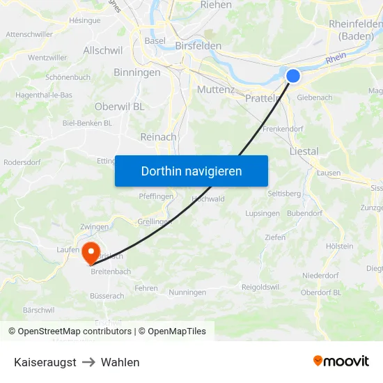 Kaiseraugst to Wahlen map