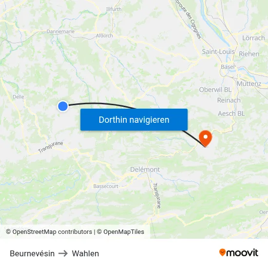 Beurnevésin to Wahlen map