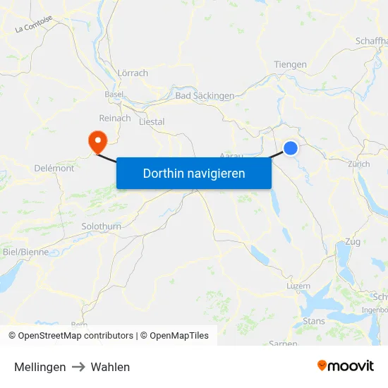Mellingen to Wahlen map