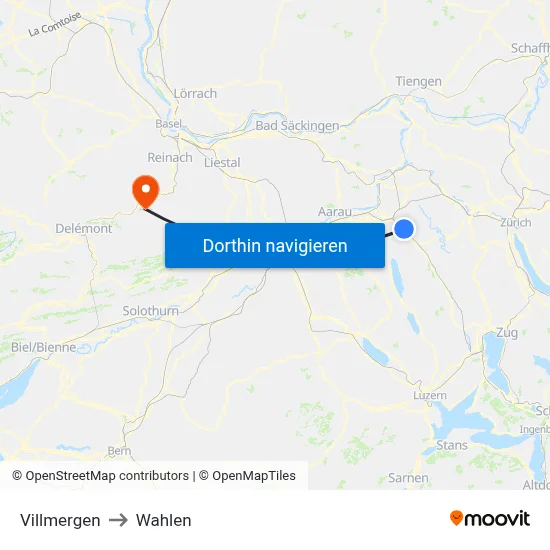 Villmergen to Wahlen map