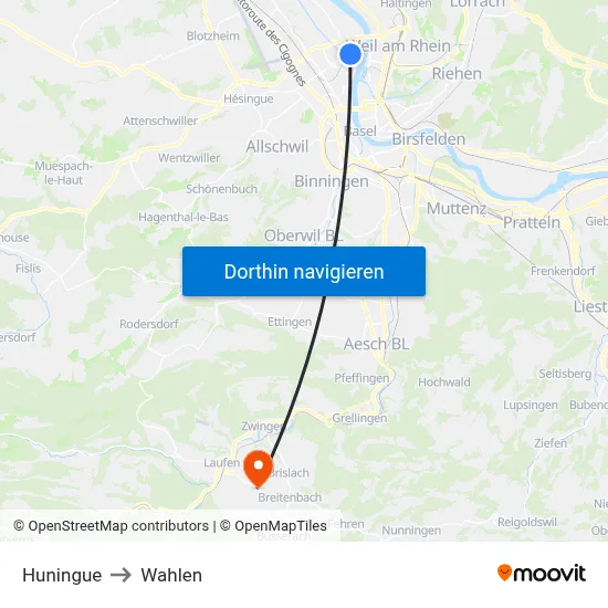 Huningue to Wahlen map
