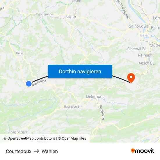 Courtedoux to Wahlen map