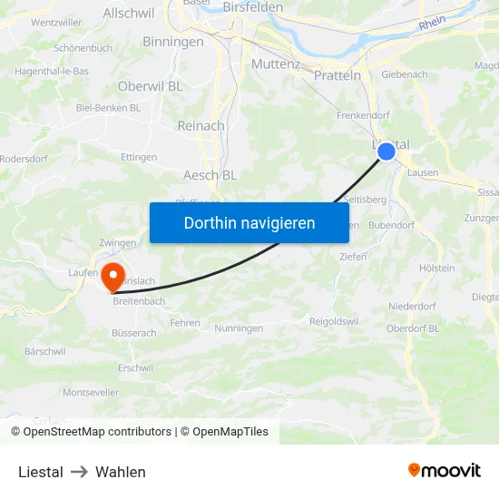 Liestal to Wahlen map