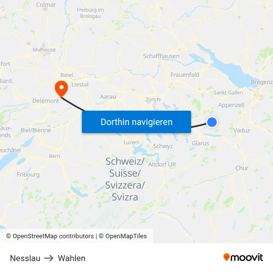 Nesslau to Wahlen map