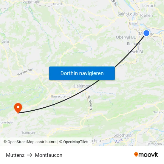 Muttenz to Montfaucon map