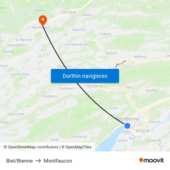 Biel/Bienne to Montfaucon map