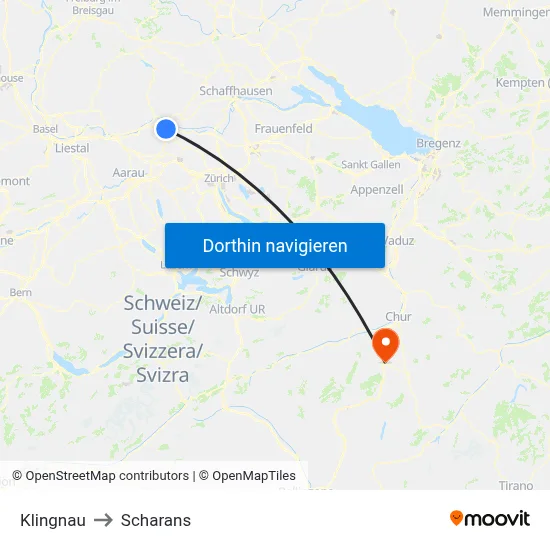 Klingnau to Scharans map