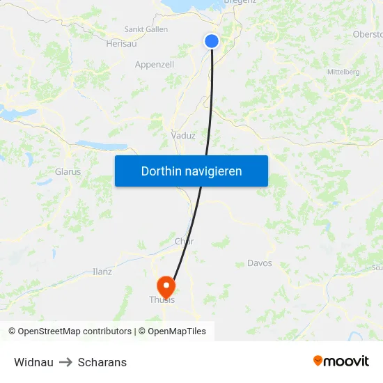 Widnau to Scharans map