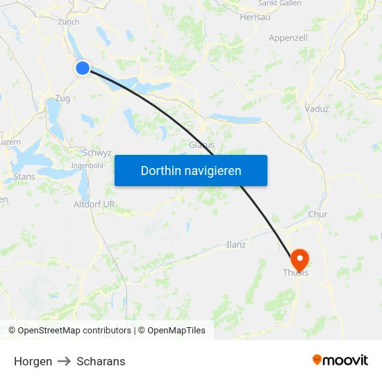 Horgen to Scharans map