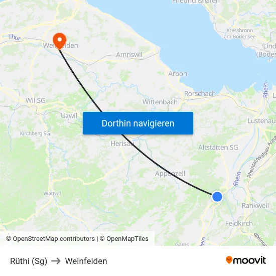 Rüthi (Sg) to Weinfelden map