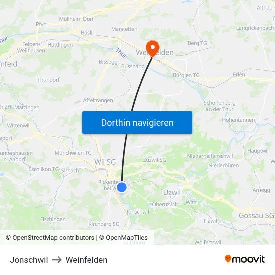 Jonschwil to Weinfelden map