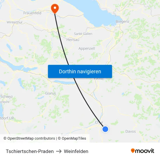 Tschiertschen-Praden to Weinfelden map