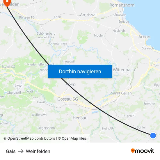 Gais to Weinfelden map