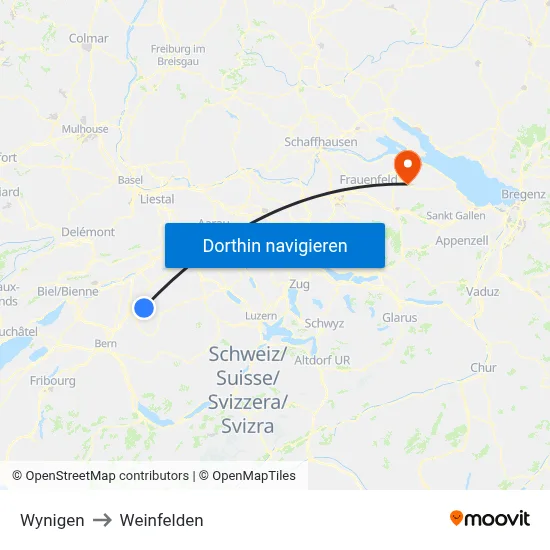 Wynigen to Weinfelden map