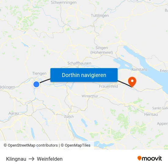 Klingnau to Weinfelden map